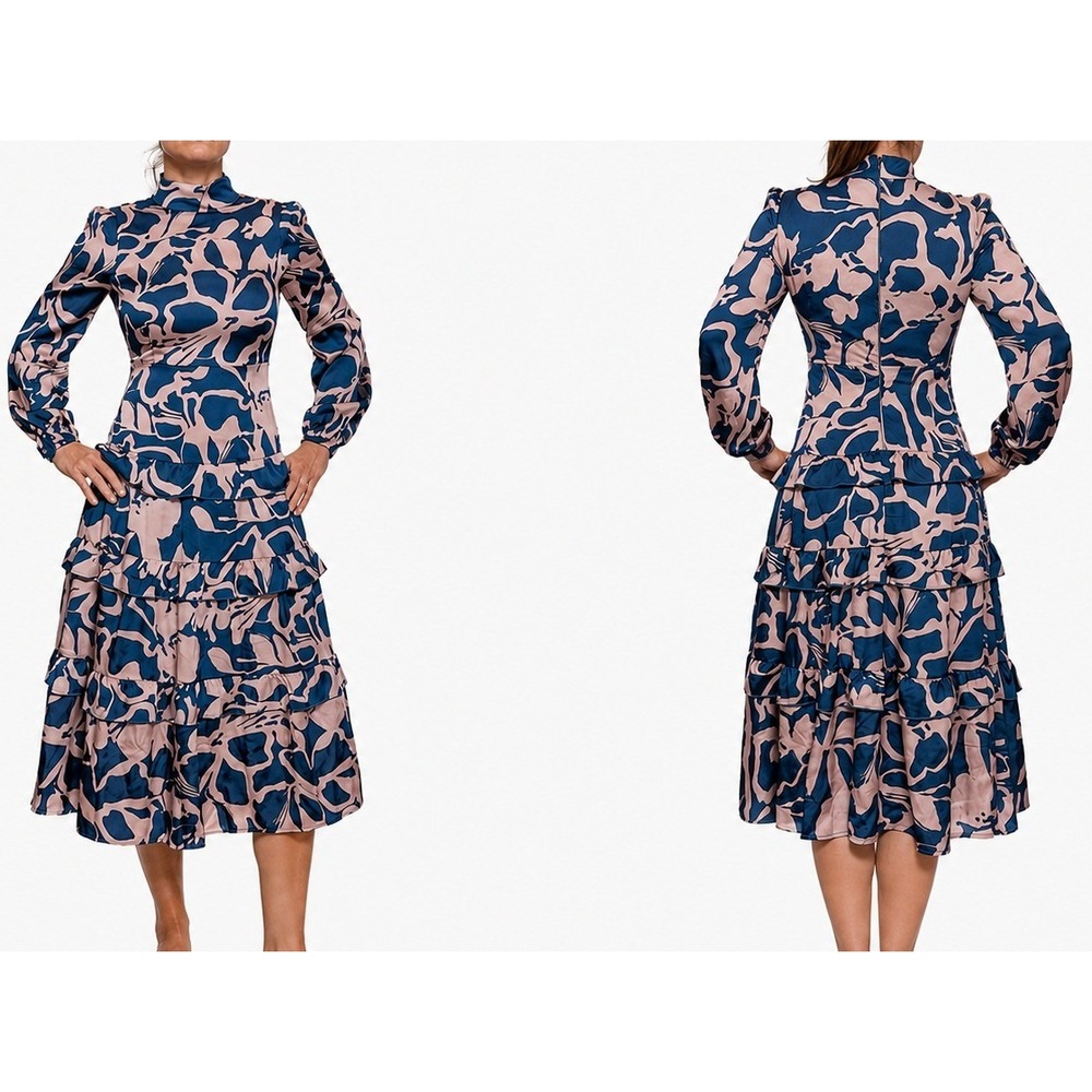 Malka Majesty Teal Pink Abstract Floral Modest Mock Neck Midi Dress XS NEW
